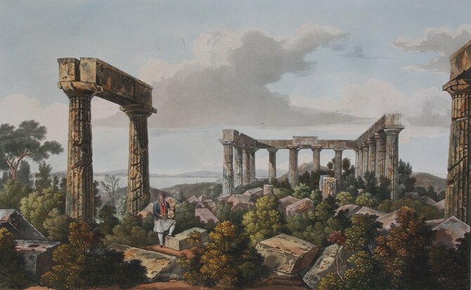 Vue de Grèce, temple d'Aphaia à Egine avec un joueur de lyra, tirée de l'ouvrage de Dodwell