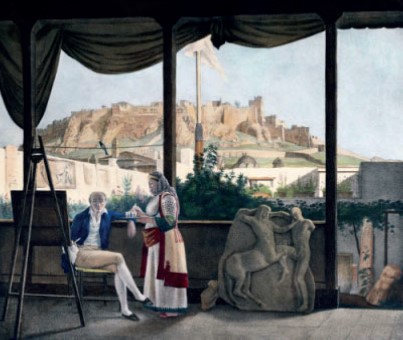<strong>Sébastien Fauvel à son chevalet, l’Acropole à l’arrière-plan. L. Dupré, huile sur toile, 1819</strong> <br> <em>S. Fauvel à son chevalet, l’Acropole à l’arrière-plan, huile sur toile, L. Dupré, 1819</em>